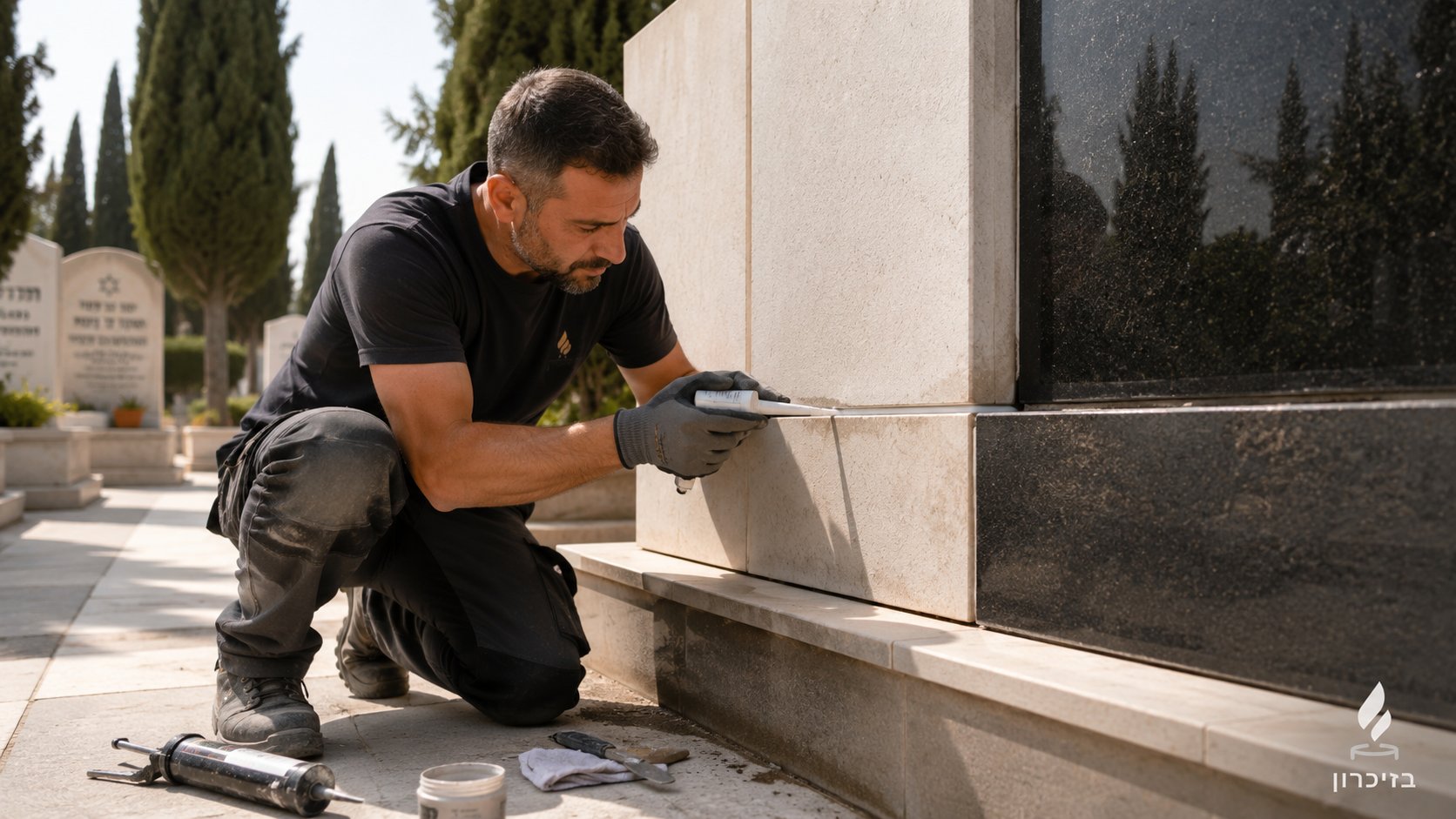 איטום תפרים במצבה: איש מקצוע של בזיכרון ממלא את התפר בין לוחות האבן בחומר איטום