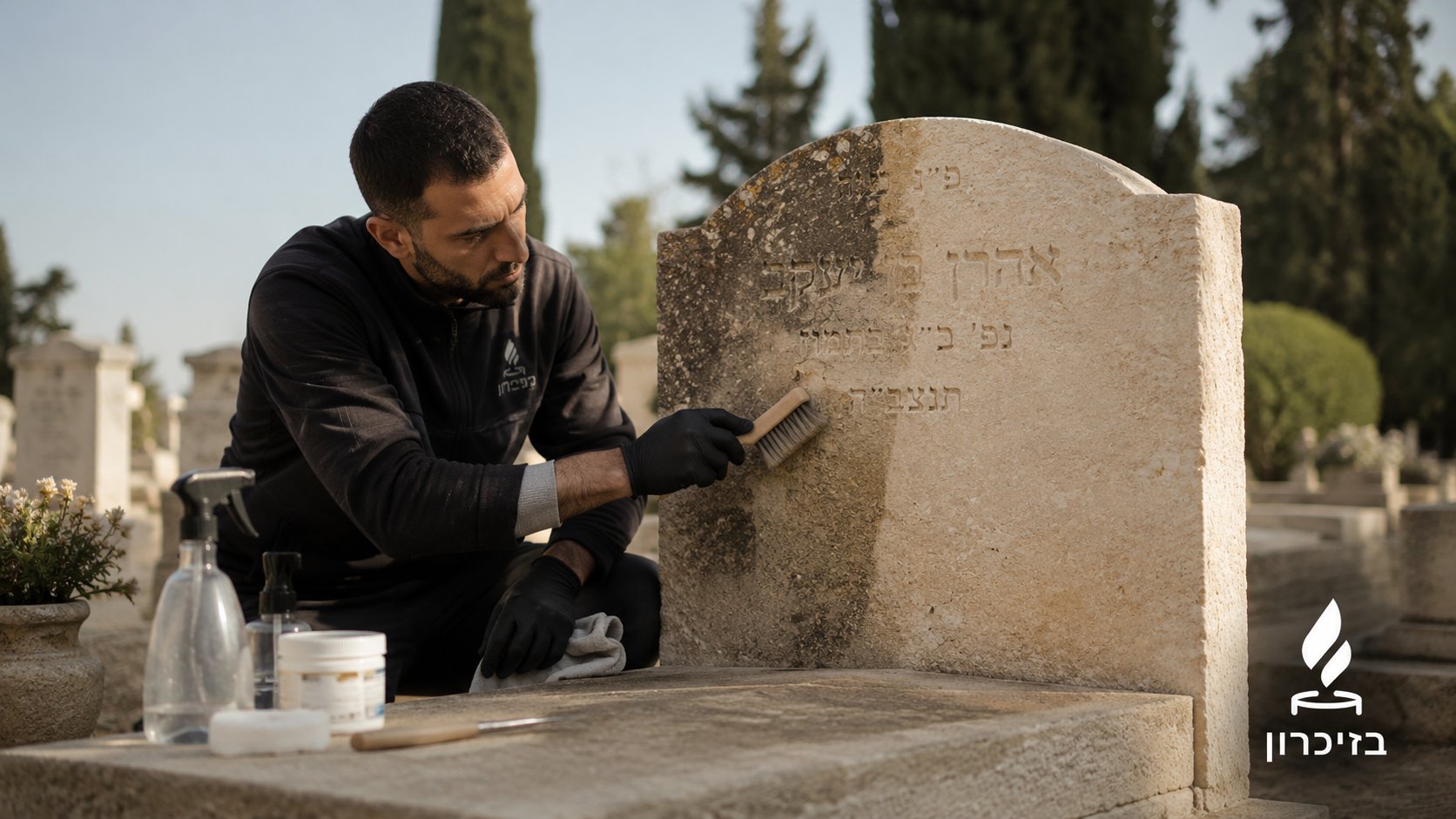 שיקום מצבה מאבן חברון: איש מקצוע של בזיכרון מנקה את האבן, ההבדל בין לפני ואחרי נראה בבירור