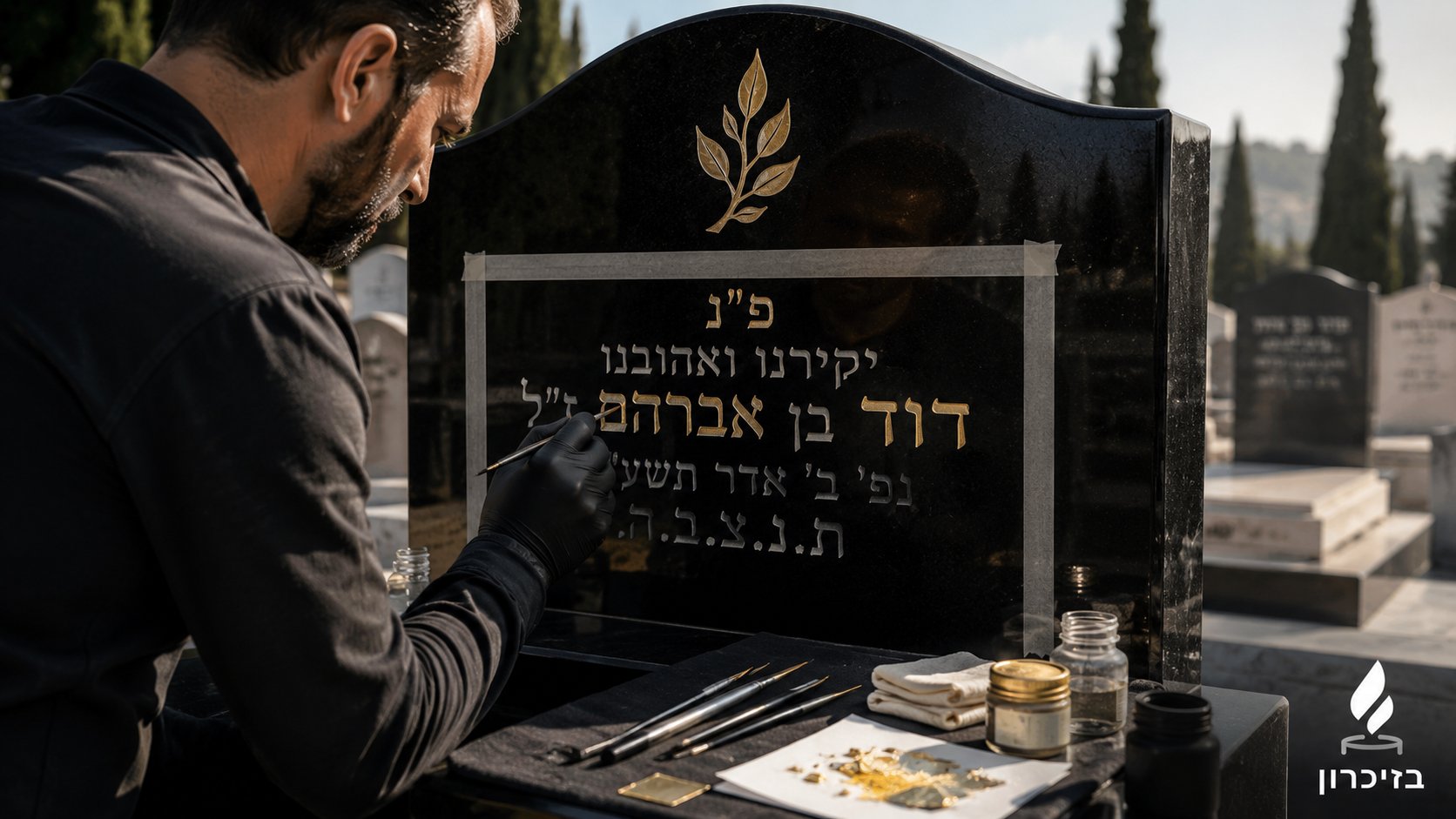 צביעת אותיות בעלי זהב במצבה מגרניט שחור: איש מקצוע של בזיכרון מצפה את הכיתוב החרוט בזהב
