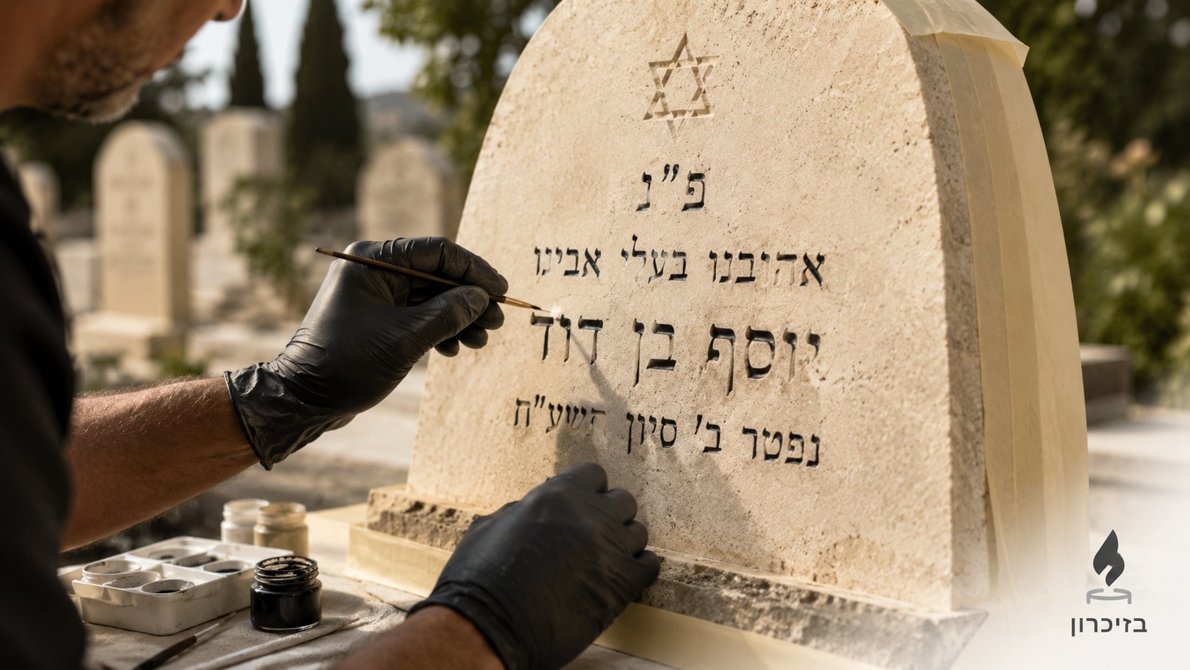 צביעת אותיות חרוטות במצבה מאבן חברון: איש מקצוע של בזיכרון מחדש את הכיתוב ביד עם מכחול