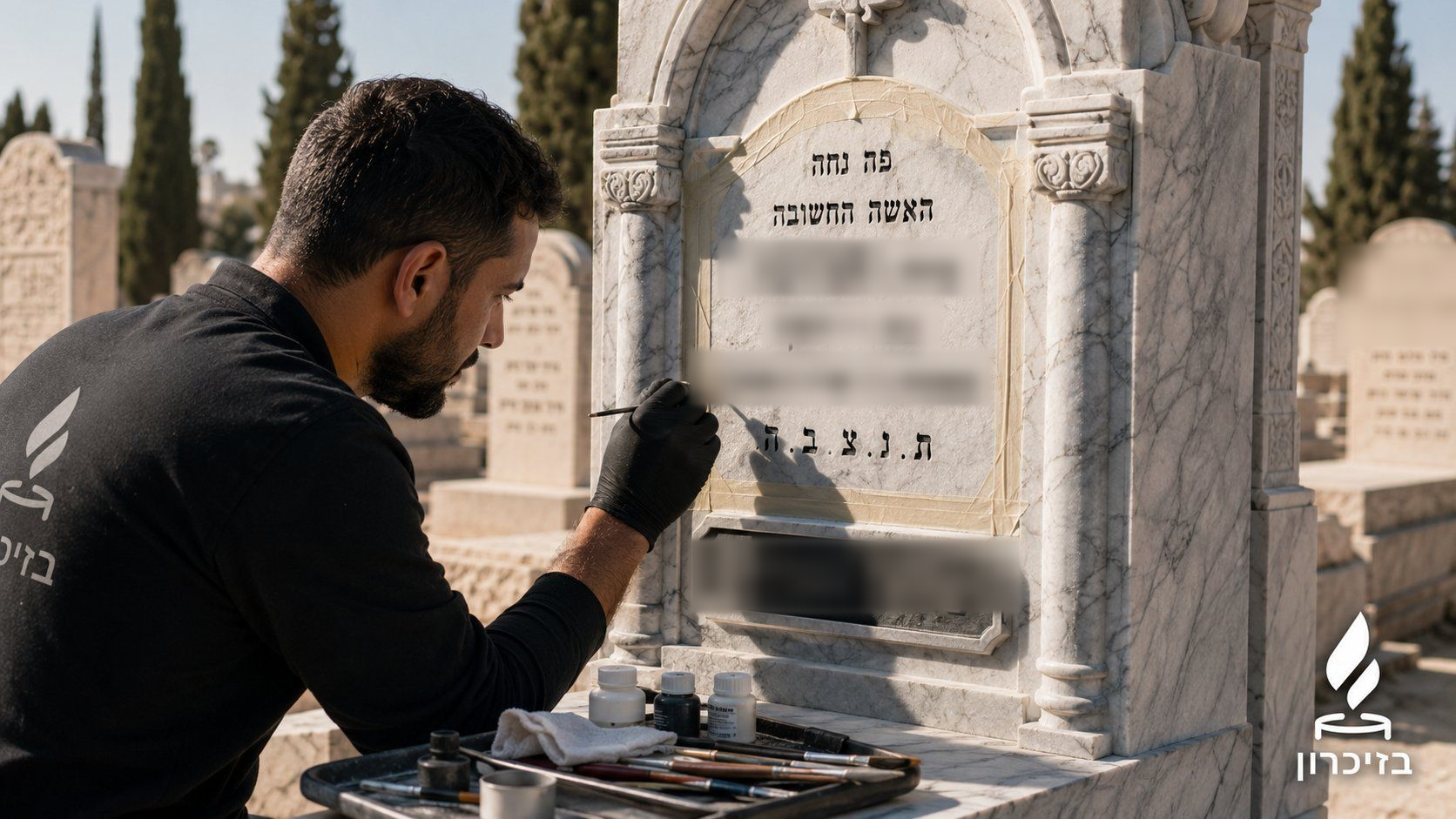 צביעת אותיות באבן משיש טורקי: איש מקצוע של בזיכרון משחזר ביד את הכיתוב החרוט