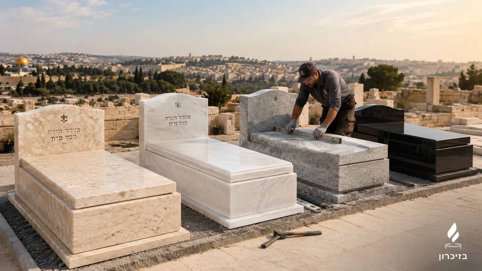 סוגי אבנים בישראל: אבן חברון, שיש, גרניט אפור ושחור באתר בירושלים