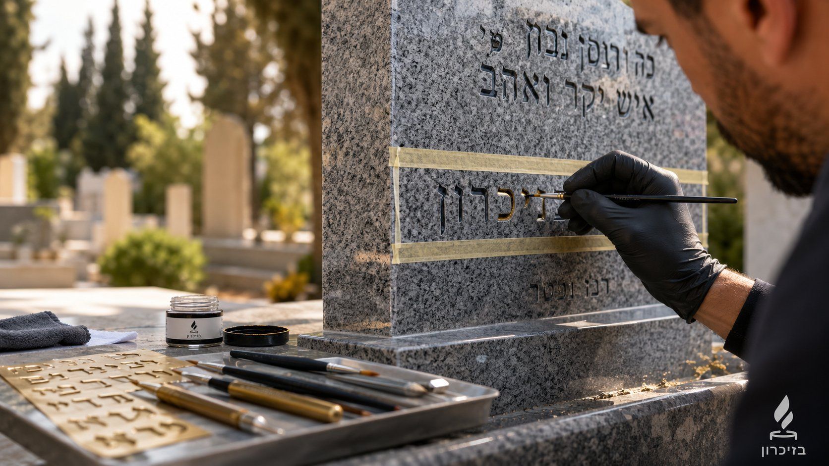 צביעת אותיות חרוטות באבן מגרניט אפור: איש מקצוע של בזיכרון צובע בקפידה את הכיתוב במכחול