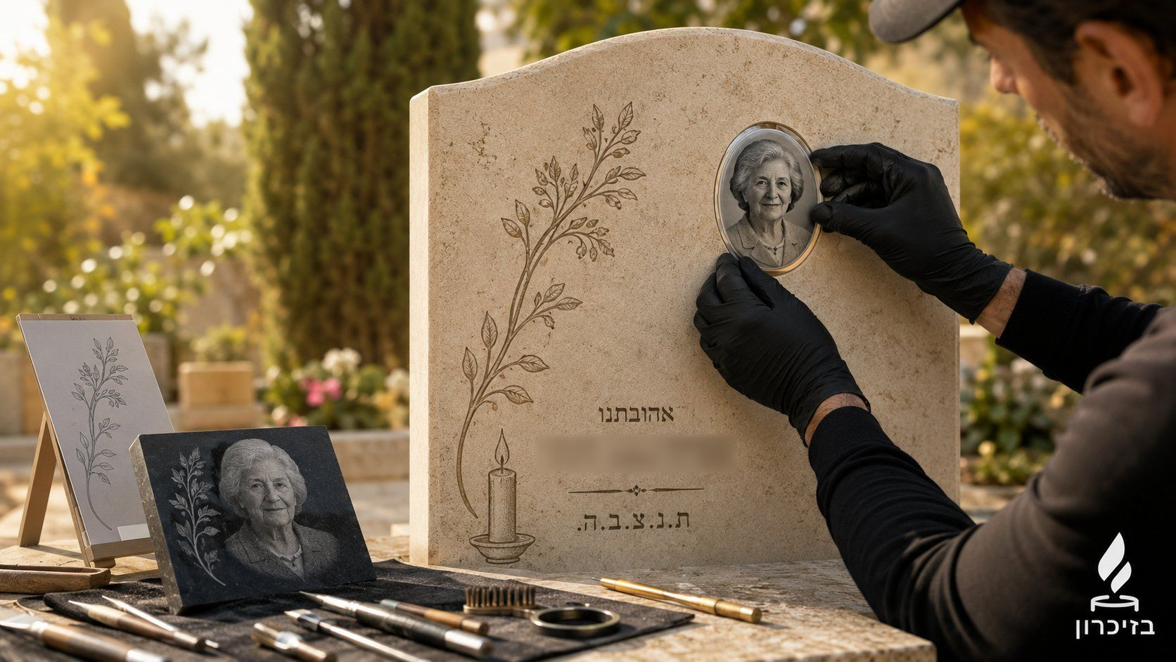 דיוקנאות ואיורים על אבנים: איש מקצוע של בזיכרון מתקין מדליון פוטו-קרמיקה, לצד חריטה על גרניט שחור
