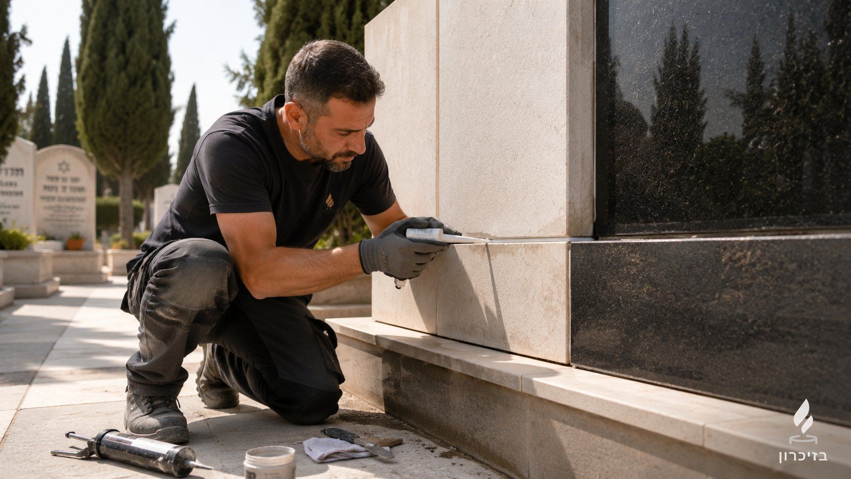 איטום תפרים באבן: איש מקצוע של בזיכרון ממלא את התפר בין לוחות האבן בחומר איטום