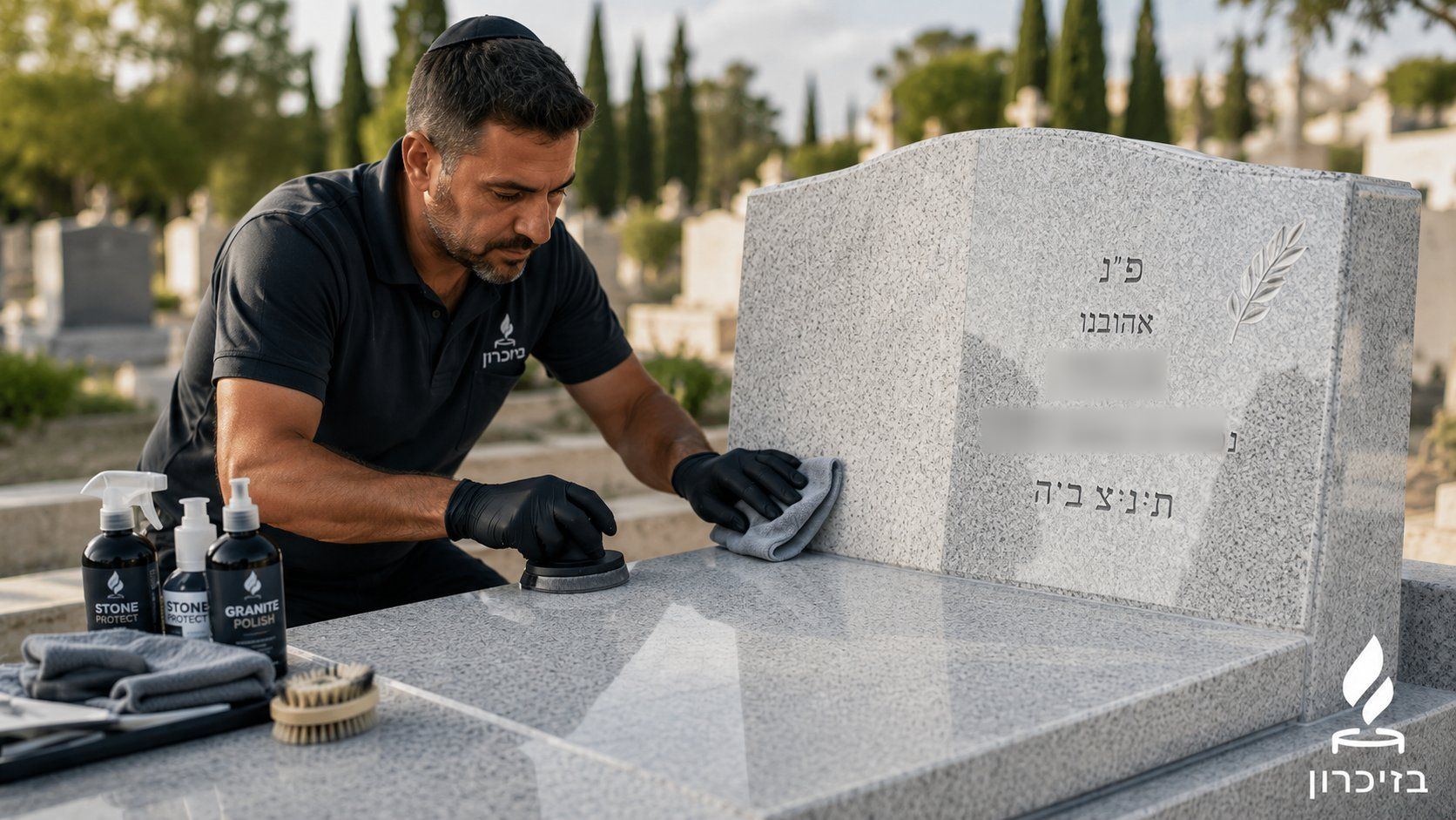 ניקוי אבן מגרניט אפור: איש מקצוע של בזיכרון מלטש את לוח הגרניט בחומרים מקצועיים
